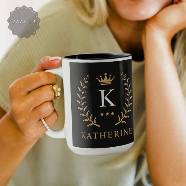 Customise Name & Initial Black White Gold Monogram Mug (Customize Name & Initial Black White Gold Monogram Mug)