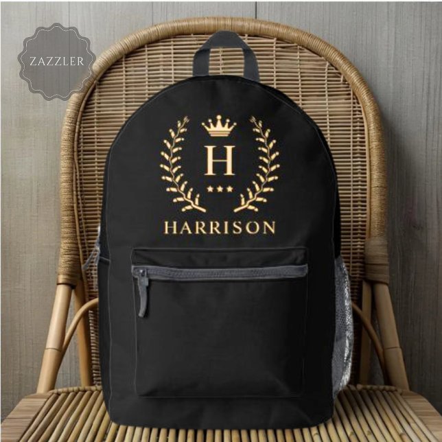 Customise Name & Initial Black White Gold Monogram Printed Backpack (Customize Name & Initial Black White Gold Monogram Printed Backpack)