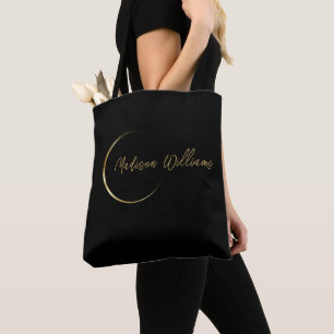 Customise Name & Initial Black White Gold Monogram Tote Bag