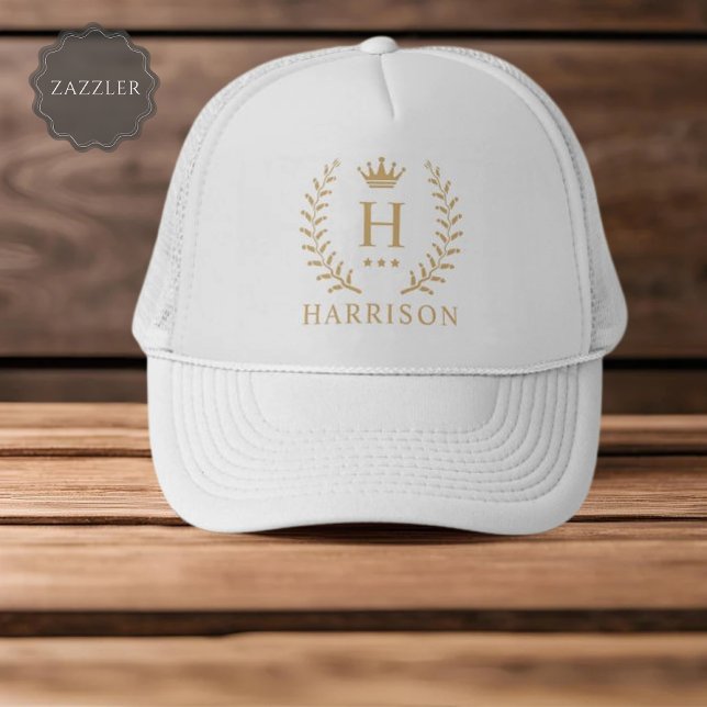 Customise Name & Initial Black White Gold Monogram Trucker Hat (Customize Name & Initial Black White Gold Monogram Trucker Hat)