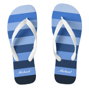 Customise Name Monochrome Blue Stripes Pattern Thongs
