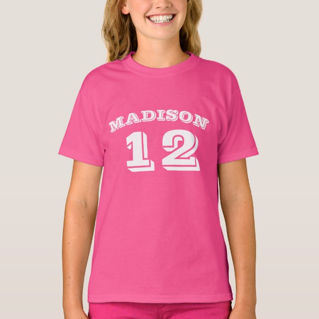 Customise name, number pink white T-Shirt (Front)