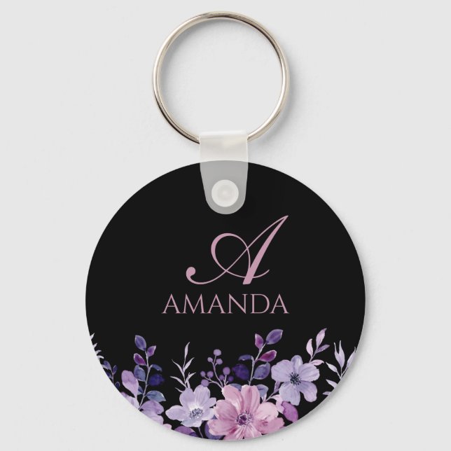 Customise Name Purple Flower Black Key Ring (Front)
