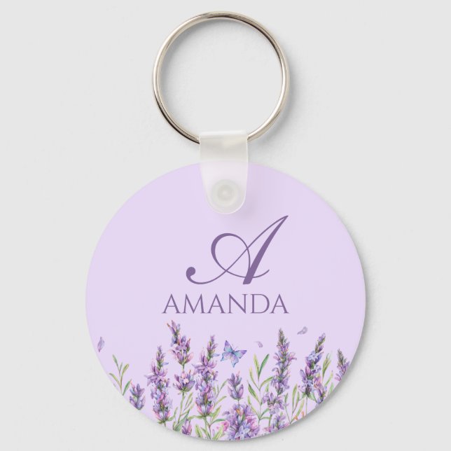 Customise Name Purple Lavender Flower Key Ring (Front)