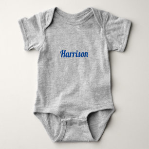 Customise name, text blue letters grey baby bodysuit