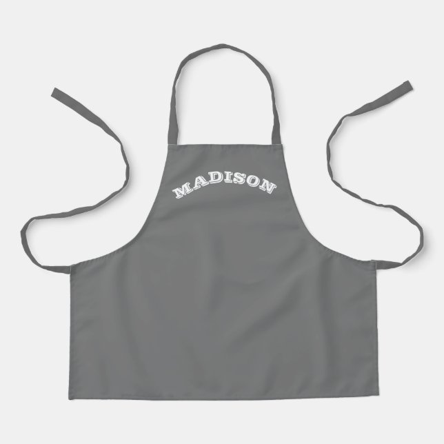 Customise name text white curved letters dark grey apron (Front)