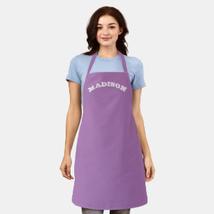 Customise name, text white curved letters lavender apron