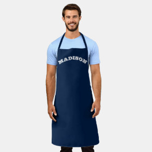Customise name text white curved letters navy blue apron