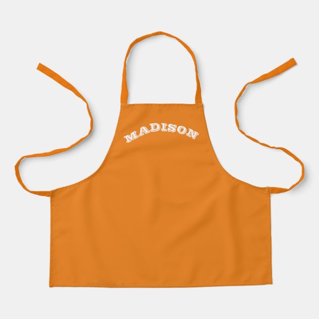 Customise name, text white curved letters orange apron (Front)