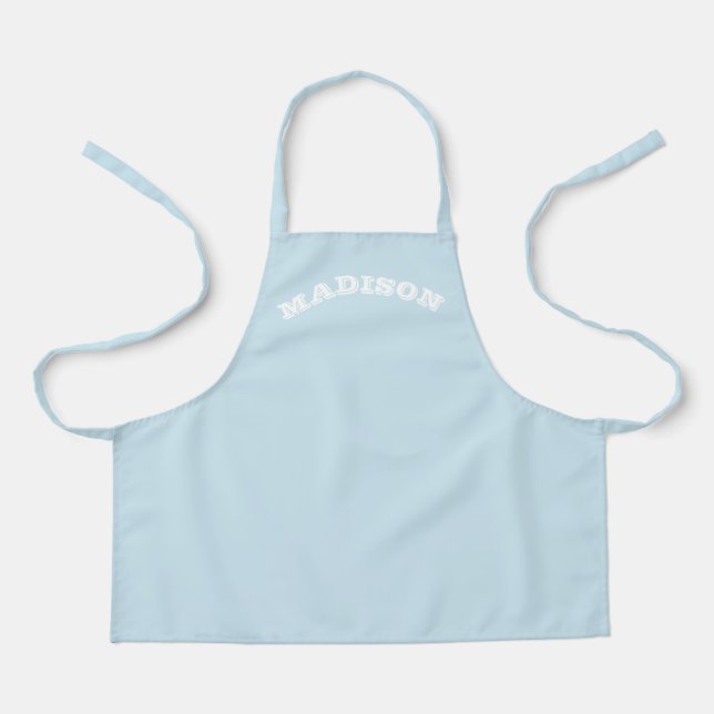 Customise name text white curved letters pale blue apron (Front)
