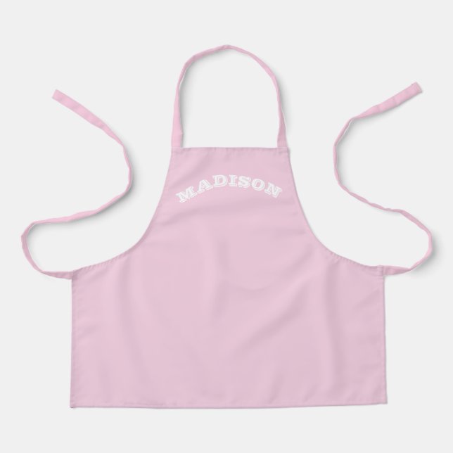 Customise name text white curved letters pale pink apron (Front)