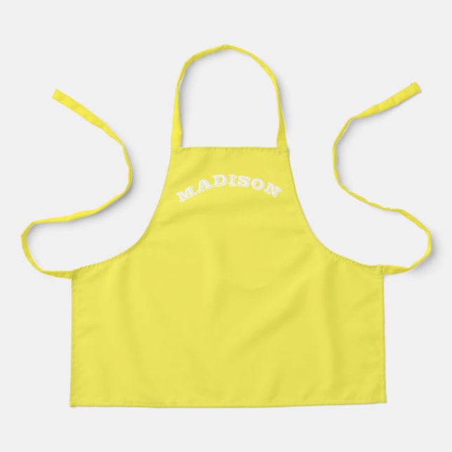 Customise name, text white curved letters yellow apron (Front)