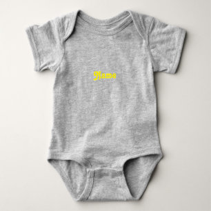 Customise name, text yellow letters grey baby bodysuit