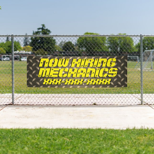 Customise Now Hiring Mechanics On Diamond Plate Banner (Insitu)