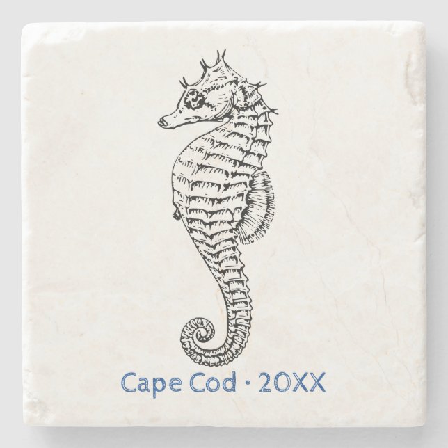 Customise Ocean Seahorse Line Art Stone Coaster (Front)