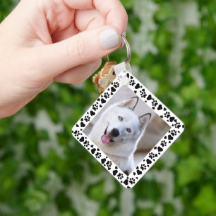 Customise Pet Photo Dog Paw Prints in Hearts Frame Key Ring