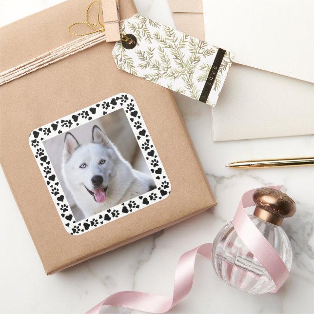 Customise Pet Photo Dog Paw Prints in Hearts Frame Square Sticker (Gifting)