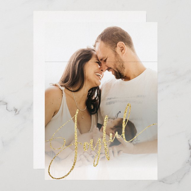 Customise Photo Gold Joyful Merry Christmas Foil Holiday Card (Front/Back)