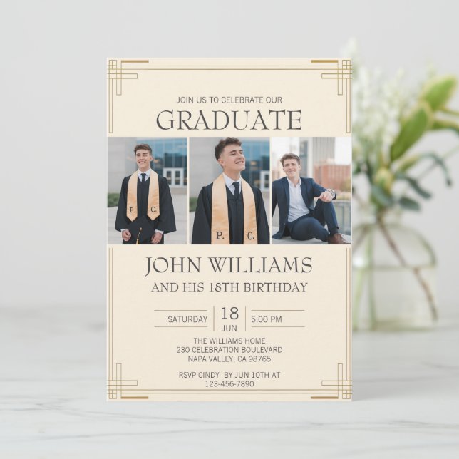 Customise Photo Graduation Birthday Gold Border Invitation (Standing Front)