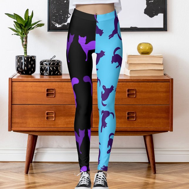 Customise Photo Pet Cat Pattern Purple Azure Black Leggings (Creator Uploaded)