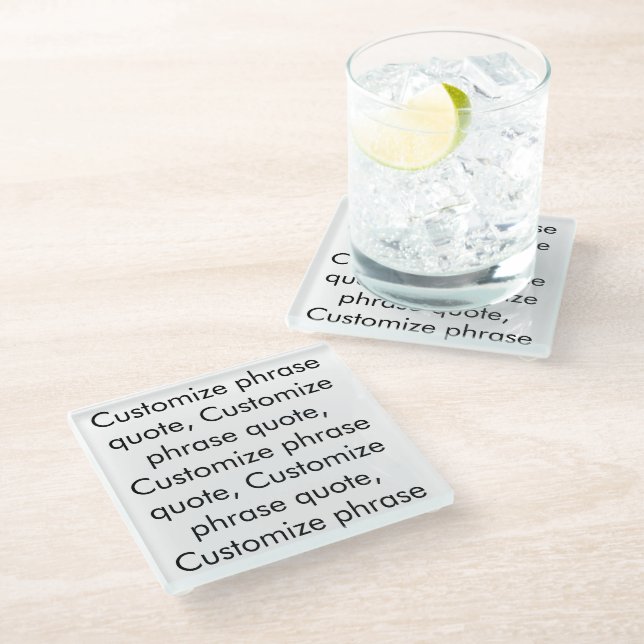 Customise phrase quote, elegant black white glass coaster (Angled)