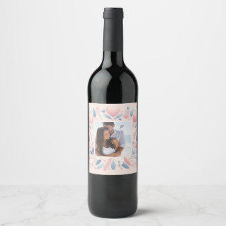 Customise Pink flowers Happy Valentine's Day  Wine Label