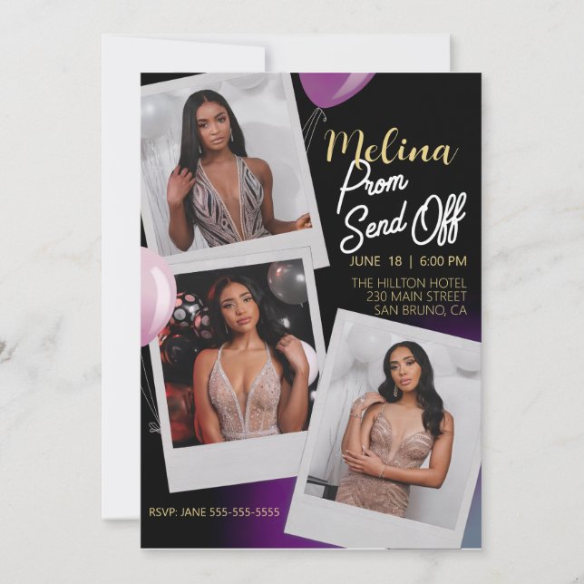 Customise Purple Gold Photo Prom Send Off Invitation (Front)
