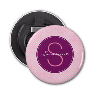 Customise Purple Monogram Circle on Pink Polka Dot Bottle Opener