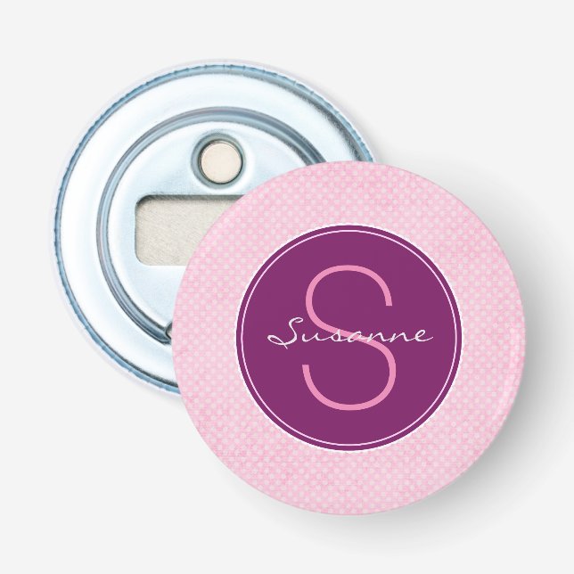 Customise Purple Monogram Circle on Pink Polka Dot Bottle Opener (Front)
