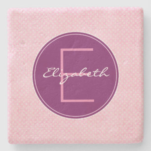 Customise Purple Monogram Circle on Pink Polka Dot Stone Coaster