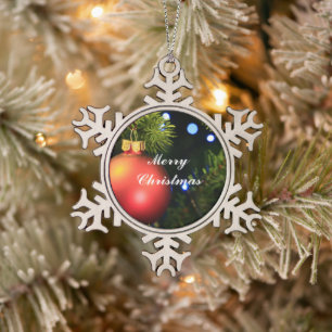 Customise red bauble green Christmas tree festive Snowflake Pewter Christmas Ornament