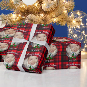 Customise Red Christmas tartan Holly twig photo Wrapping Paper