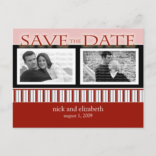 Customise Red Save the Date Stripes Postcard (Front)