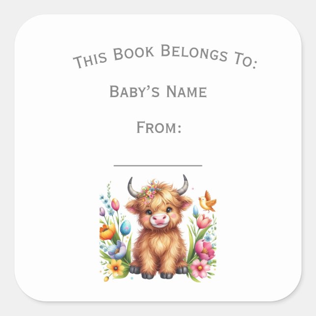 Customise Rustic Cute Baby Highland Cow Book Plate Square Sticker (Front)