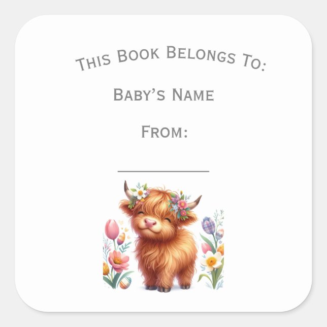 Customise Rustic Cute Baby Highland Cow Book Plate Square Sticker (Front)