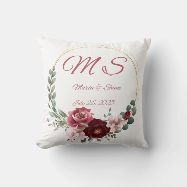 Customise Rustic Linen Wreath Monogram Wedding Cushion (Front)
