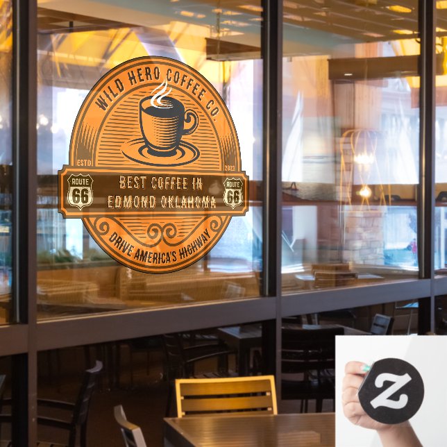 Customise Rustic Route 66 Coffee Shops Steaming Cu (Restaurant Window)