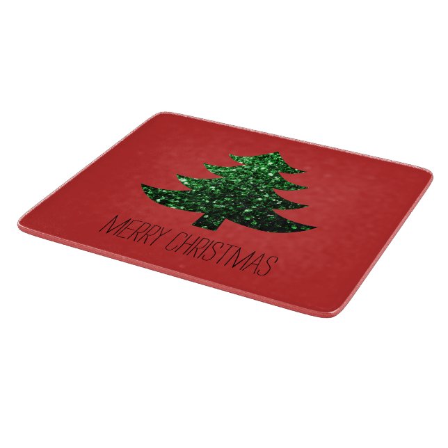 Customise Sparkly Christmas tree green sparkle Red Cutting Board (Corner)
