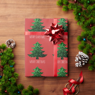 Customise Sparkly Christmas tree green sparkle Red Wrapping Paper