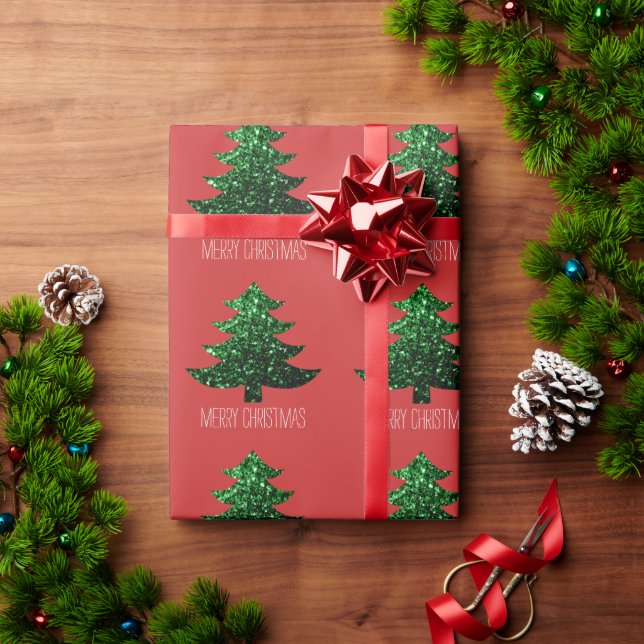 Customise Sparkly Christmas tree green sparkle Red Wrapping Paper (Holiday Gift)