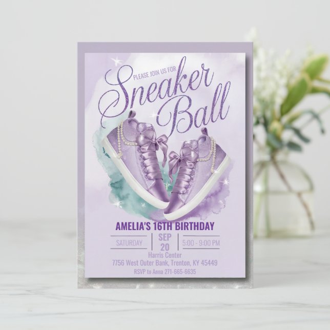 Customise Sweet Lavender Birthday Sneaker Ball Invitation (Standing Front)