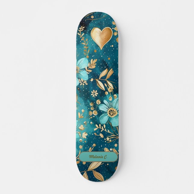Customise Teal & Gold Floral Skateboard  (Front)
