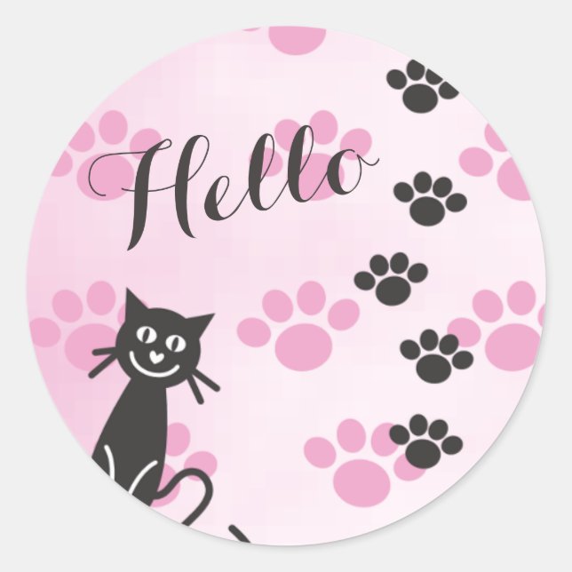 Customise Text Cat © Pink Black Paw Prints Classic Round Sticker (Front)