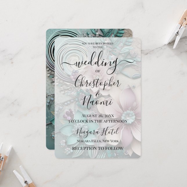 Customise This: Pink Teal Rustic Paper Flowers Invitation (Front/Back In Situ)