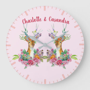 Customise Twins Floral Baby Deer Baby Nursery Large Clock