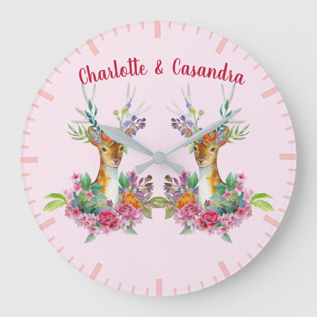 Customise Twins Floral Baby Deer Baby Nursery Large Clock (Front)