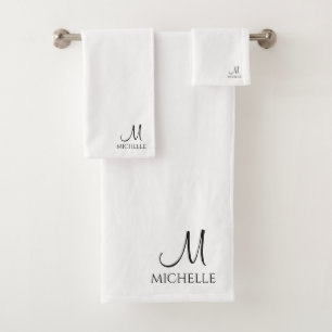 Customise Typography Monogram Name Black White Bath Towel Set