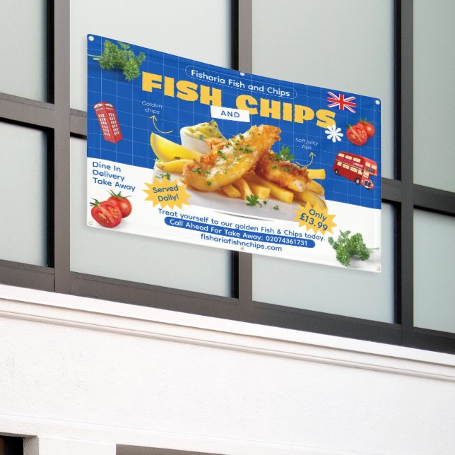 Customise UK Edition Delicious Fish N Chips Advert Banner (Outside Building)