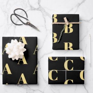 Customise w/Initial monogram Letter gold black Wrapping Paper Sheet