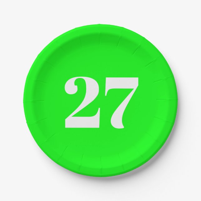 Customise w/Initial White Letter Number neon green Paper Plate (Front)